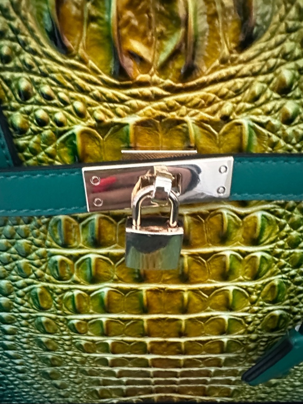 Green & Yellow Croc-Embossed Satchel with Detachable Strap - Picture 4 of 13